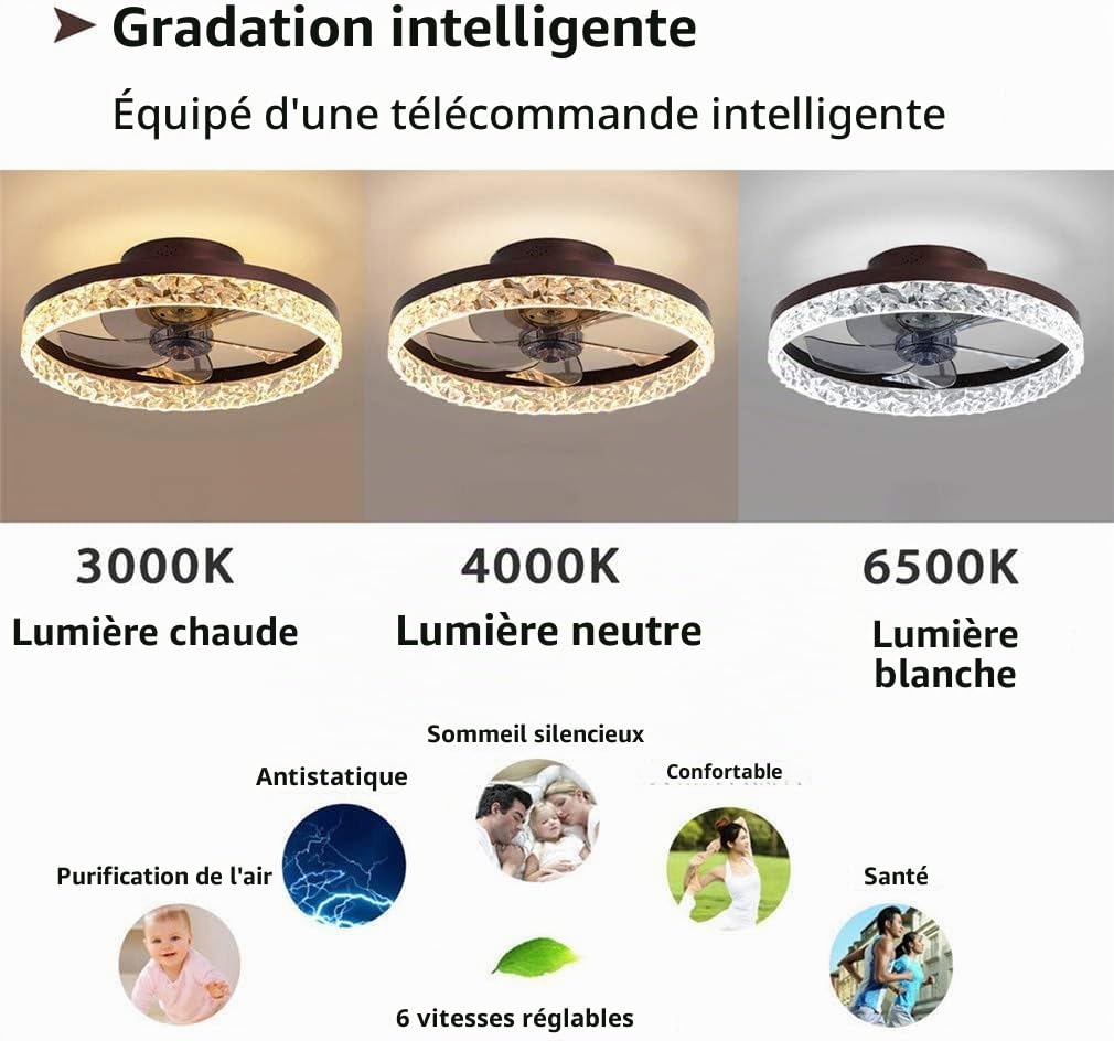 Plafonnier en cristal K9 avec télécommande à intensité variable, ultra fin 16,5 cm, ventilateur pour salon et chambre à coucher, ventilateur réversible, doré