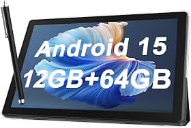Mesa Android 2 em 1 de 25 cm com capa protetora para tablets e caneta Stylus para Android 15, tablet 5G, WiFi-6, 1280 x 800, tela IPS Full HD, 6000 mAh, 64 GB de ROM + 12 GB de RAM (4 + 8 virtuais