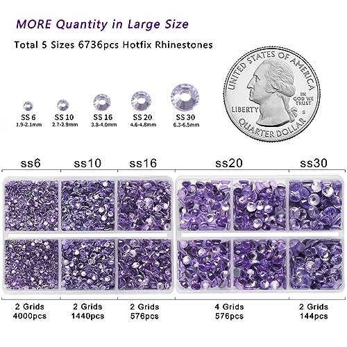 Image of 6736pcs Hotfix Rhinestones Flatback, Purple Rhinestones for Crafts Clothes Mixed 5 Sizes, Hotfix Crystals with Tweezers and Wax Pencil Kit, SS6-SS30, Violet