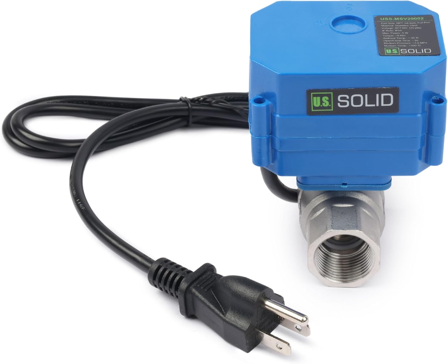 U.S. Solid 3/4" NPT 2-Way Motorized Ball Valve with US Plug 110VAC 304 NSF Certified 304SS Electrical Ball Valve, Auto Return, Normally Closed, IP65, NSF Certified