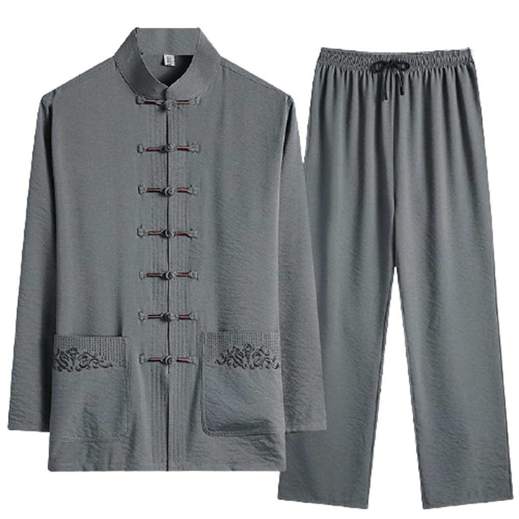 ZHOUXIAO Cotone in Lino Tai Chi Uniforme Uomo Kung Fu Abbigliamento Manica Lunga Abiti Tradizionali Cinesi, Grande Vestito sizetang Giacche di Pantaloni Hanfu Giacca da Arti Green-XXL