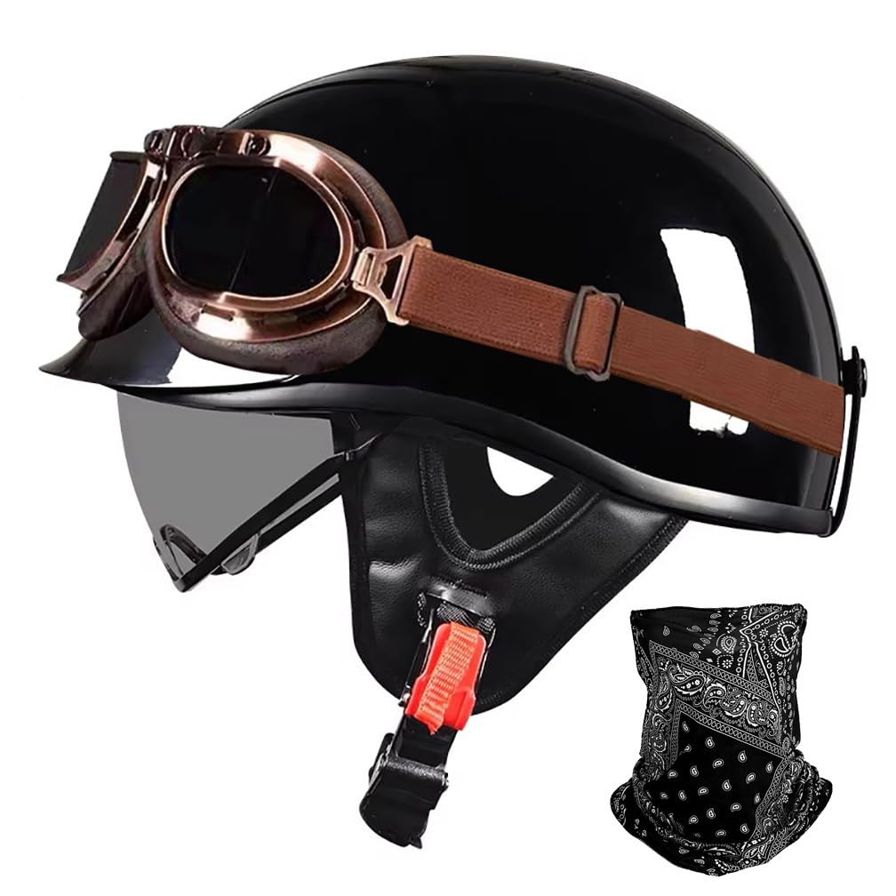 URYWTXY Retro Motorcycle Half Helmet with mask, Vintage German Open Face Motorbike Helmet with Adjustable Quick Release Buckle for ATV Chopper Cruiser Street Scooter, ECE Approved