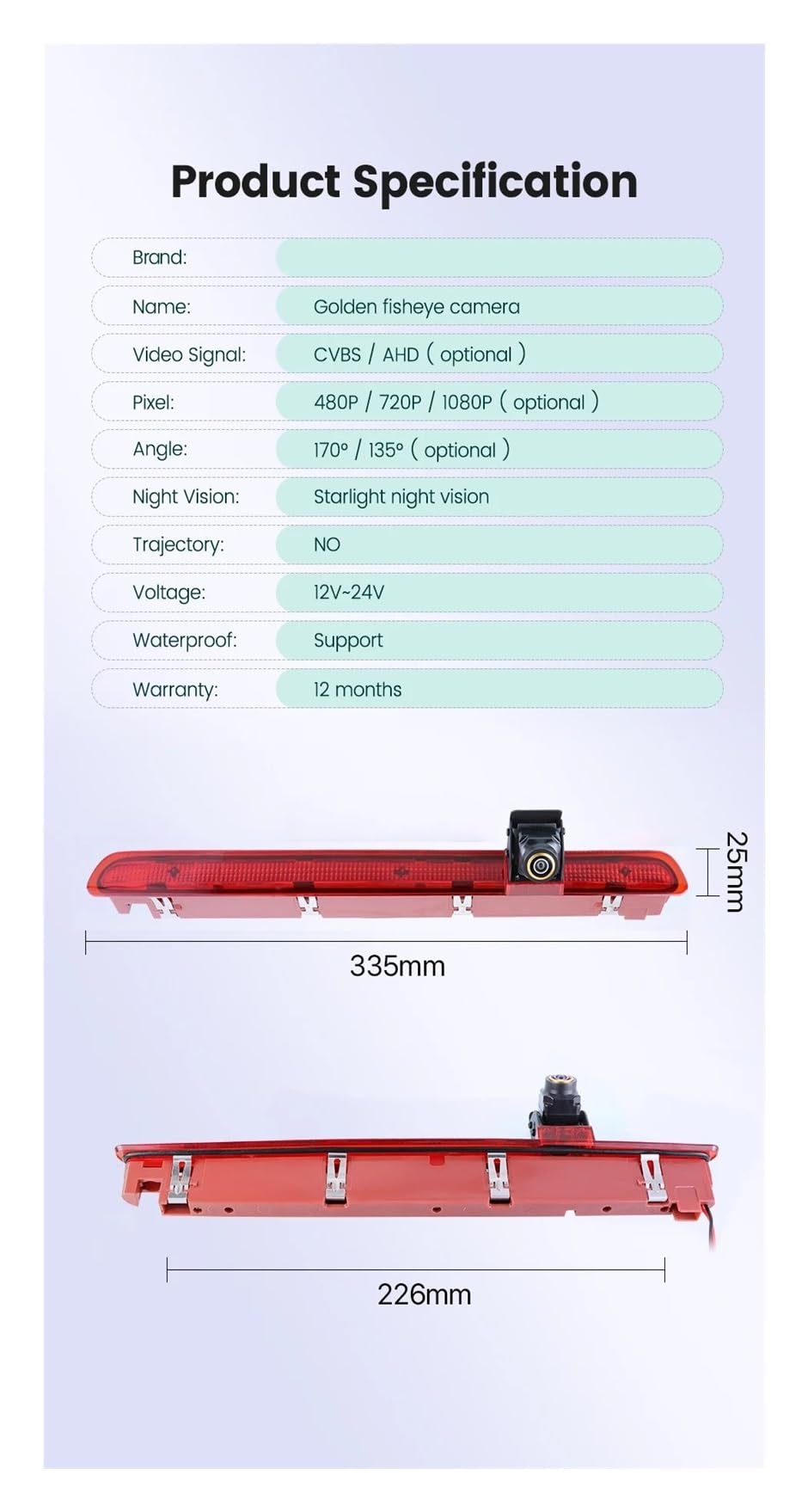 Per Transporter T6 (porta Singola) 2016-2021 2022 AHD 1080P 170° LED Luce Freno Telecamera Posteriore Per Veicolo camera retromarcia(GFA-CVBS720P-AHD720P)
