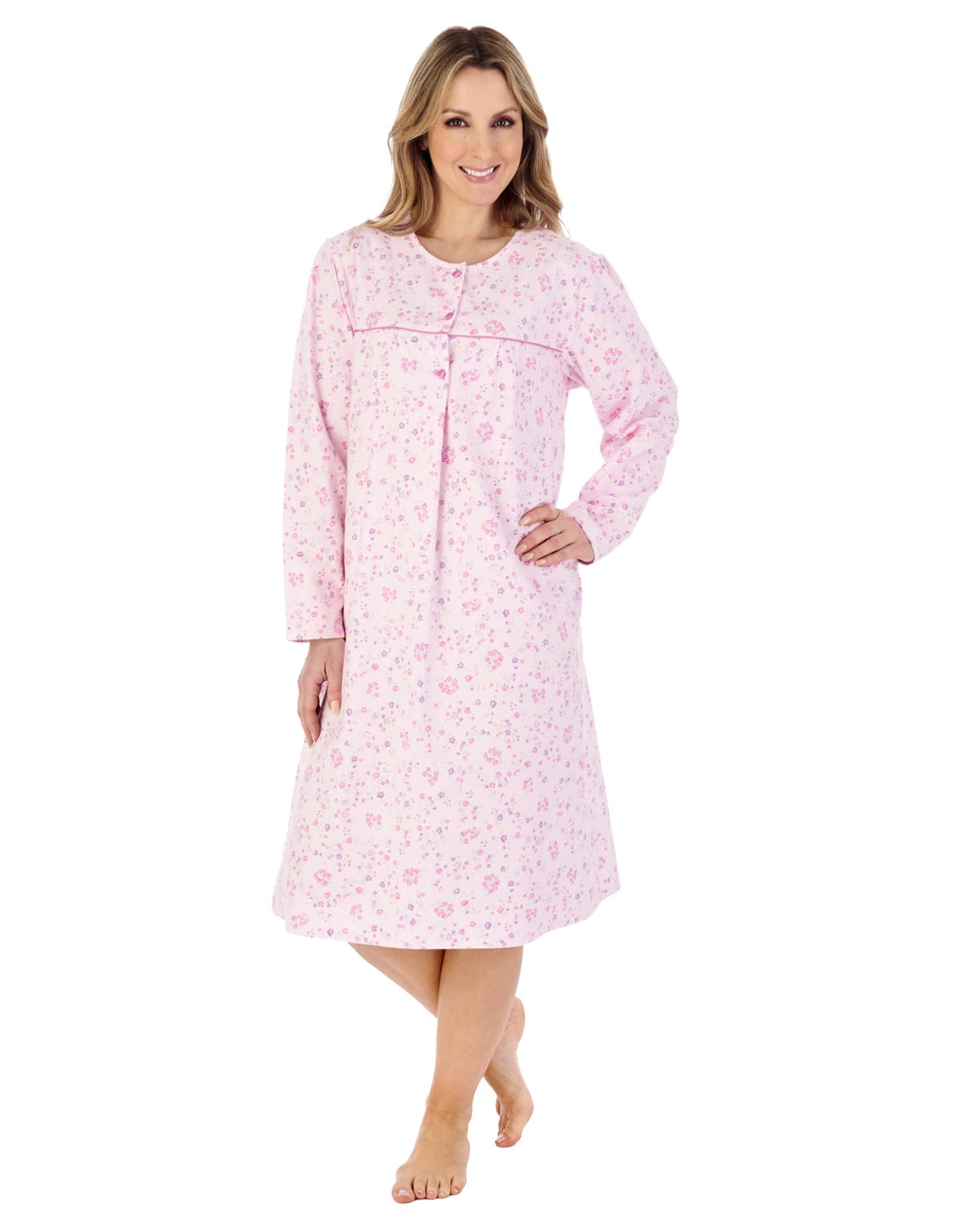 Slenderella Ladies Floral Brushed Cotton Nightdress Long Sleeve Nightgown Nightie UK 24/26 (Pink)