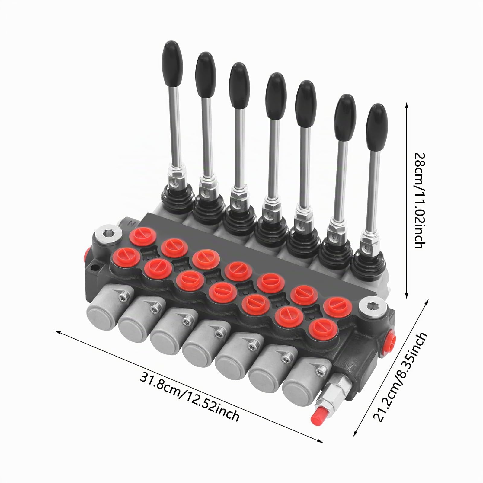 Distributeur hydraulique 7 tiroirs 49 L/min 315 bar manuel | Fonte graphite; Leviers à rappel; Clapet anti-retour; Soupape réglable; Centre ouvert; Raccords BSPP 1/2"