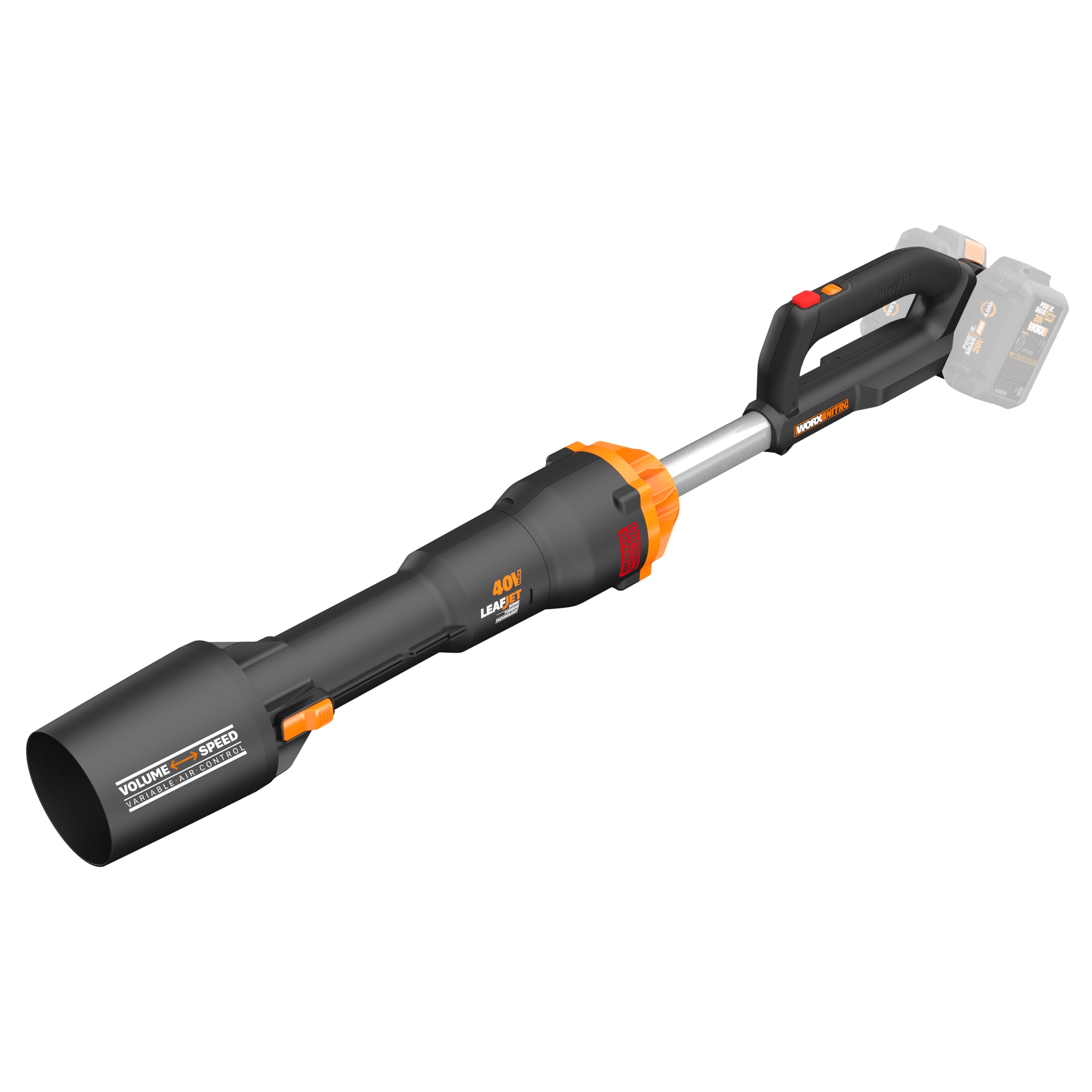 WORX Nitro WG585E.9 soffiatore a batteria da 40 V (2 x 20 V), motore brushless, tre velocità e modalità turbo, velocità dell'aria 266 km/h, leggero e compatto, senza batteria e caricatore