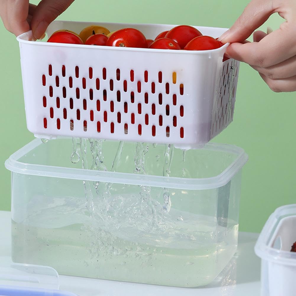 Contenedor apilable 4 en 1 para almacenamiento de alimentos con cesta de drenaje desmontable, caja de conservación de frutas y bayas, lavable para la organización de la cocina, el hogar y la