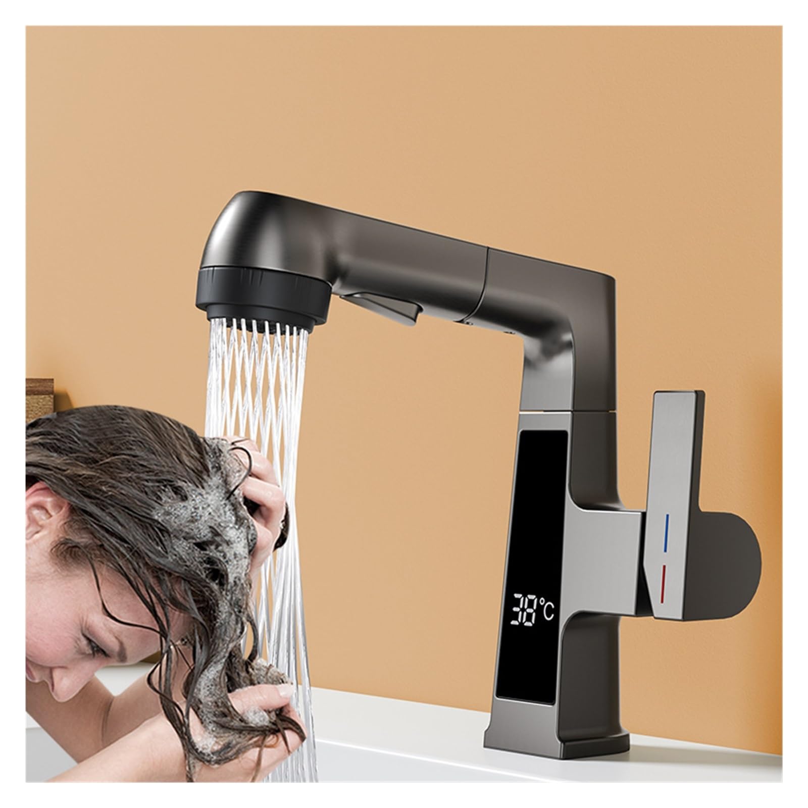 El Lavado de Lavado de Lavado de Cocina de Cocina y Tirar de la Pantalla Digital del Grifo del Fregadero del Fregadero frío y la Salida de Agua de la cuarta Engranaje Dual de Control Caliente (Negro
