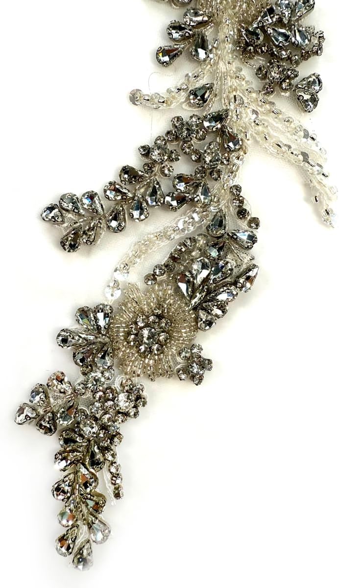 2PCS Rhinestones Beaded Shiny Applique patchs,Flowers 3D Beading Applique for Clothing,Wedding Dress,Prom Dress and Other DIY Project Decoration 13.3 * 5.5 in (Silver)