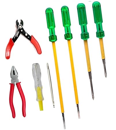 MLD 2 in 1 Line Tester +Insulated Screw Drivers 2 in 1 Size(4,6 8,10 Inch Long)+ 8 inchs Combination Plier +Wire stripper cutter Combo Tools (Material Metal and Plastic) (Multicolor) Pack of 1