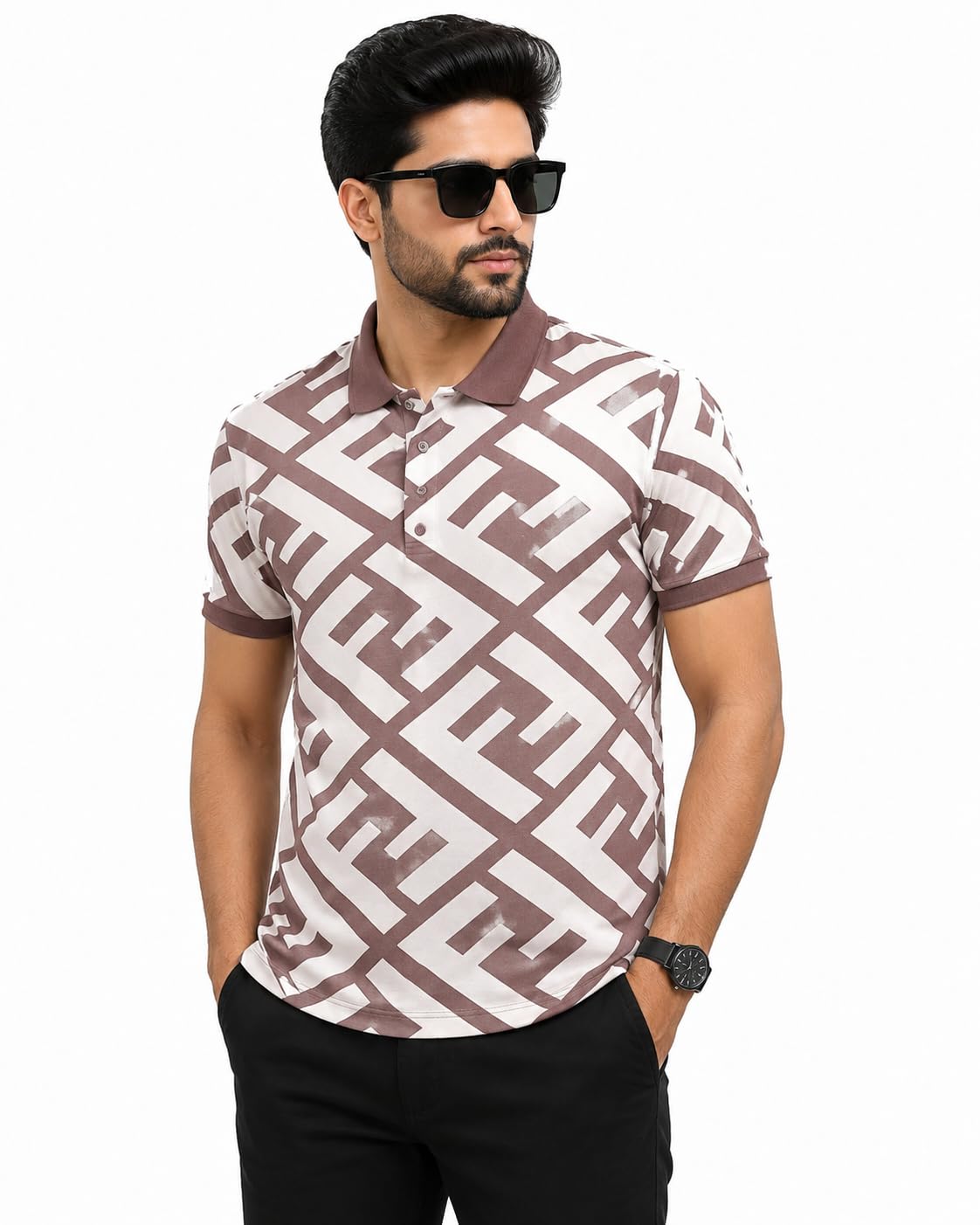 Men's Geometric Print Polo T-Shirt Half Sleeves White Brown-picture-56
