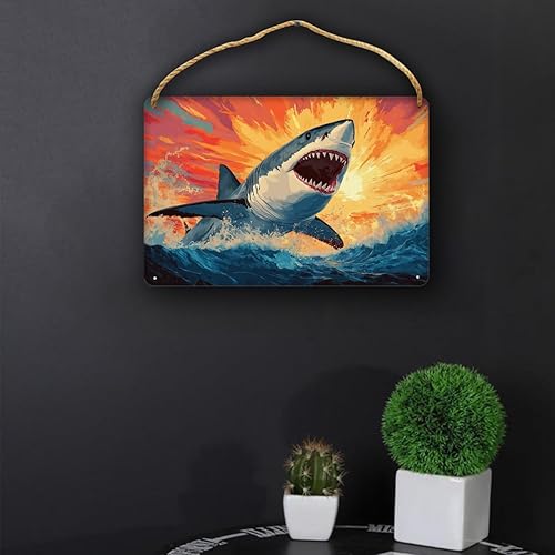 Miniatura 4 de Retro Pops sharks Wooden Sign, Bold Ocean waves Design for Interiors, 12x8 Inch Wood Decors for Marine Life Fans & Thrill Lovers