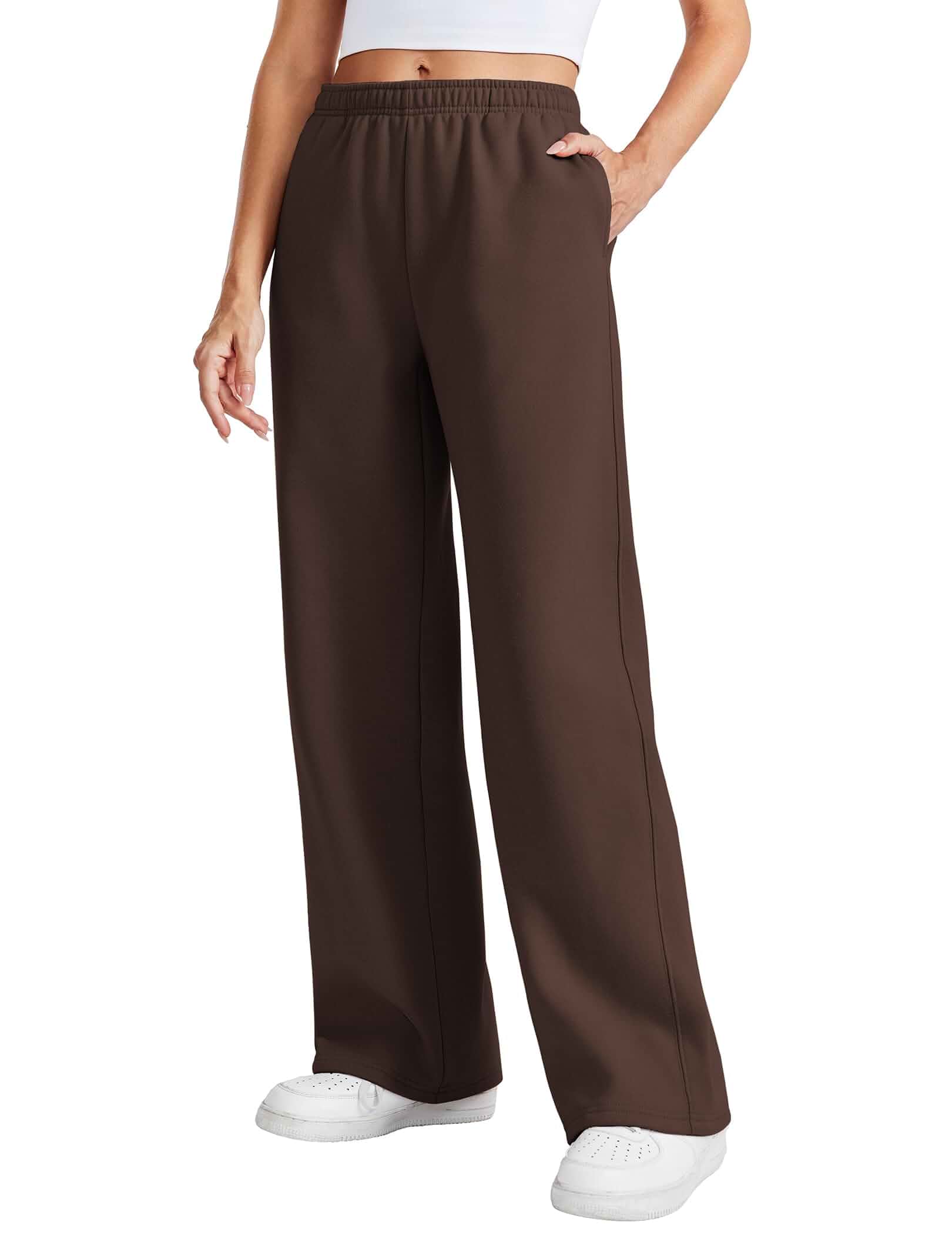 PINSPARK Women's Fleece Lined Wide Leg Sweatpants Petite/Regular Mid Rise, Interior Drawstring, Lounge Baggy Sweat Pants, Winter Pants with Pockets, Loose Fit, Cotton Blend, 27''/29'' Inseam