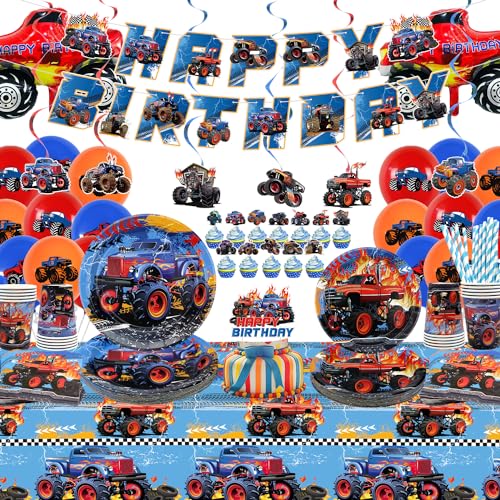 Décorations anniversaire Monster Trucks complet pour 20 invités avec vaisselle jetable et bannières