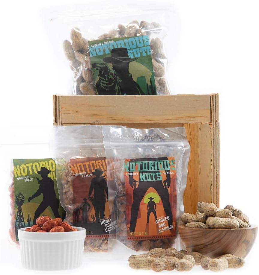 Man Crates Saloon Nuts Mini Crate – Flavorful Food Gift For Men – Includes Butter Toffee Almonds, Jalapeño Garlic Cashews and More – Ships In A Sealed Wooden Crate With A Laser-Etched Crowbar