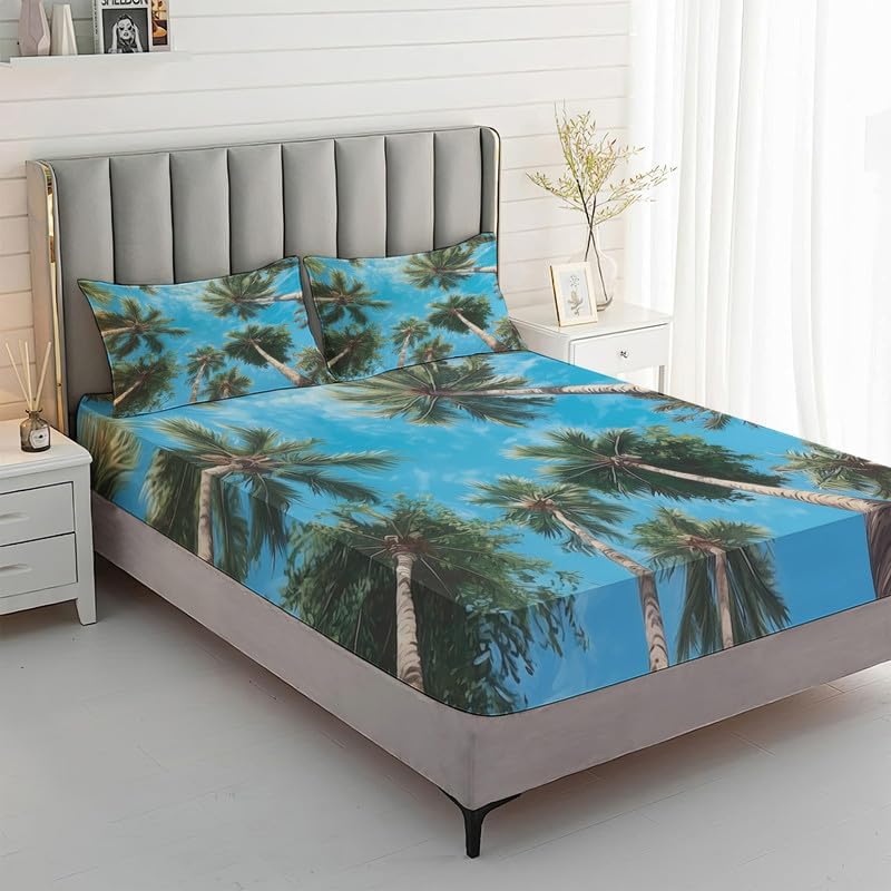 Miniatura 8 de Juego de sábanas tamaño California King, sábanas y fundas de almohada de palmera tropical, microfibra suave, bolsillo profundo y sin arrugas, 1