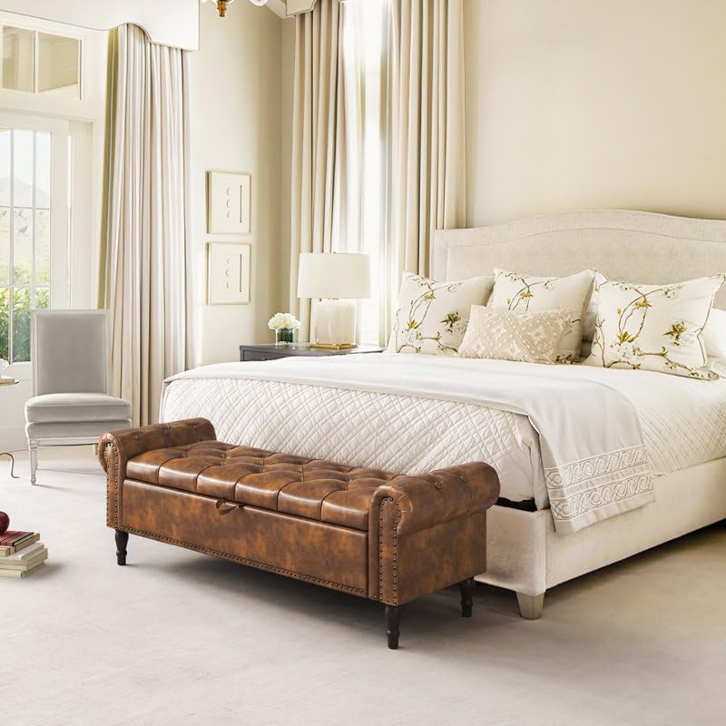 Image of 3-Seater Upholstered Ottoman Bench with Storage | Caramel |62.4 x 20.1 x 20.7 Inch| Elegant Multi-Purpose with 6-Inch Wooden Legs for Living Room, Bedroom, Entryway