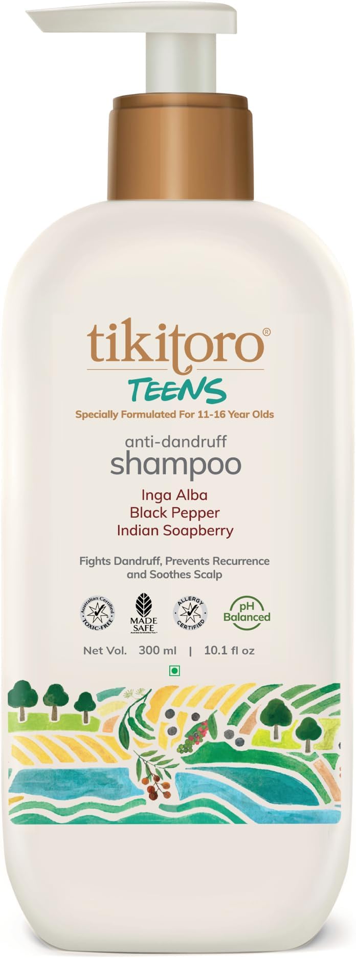 Tikitoro Teens Anti-dandruff Shampoo 100% Vegan with Aloe vera, Provitamin B5, Hibiscus, Rice Protein, Cleanses Scalp, Conditions Hair No Parabens & Sulphates (300ml x 1)