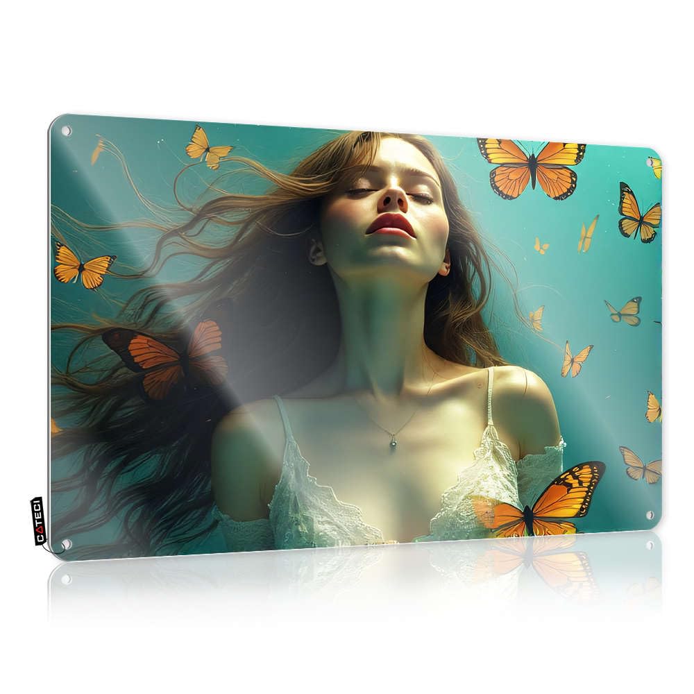 Fzfn Colour Matal Sign Waterproof Vintage Wall Decor | A Woman Surrounded By Butterflies In An Ethereal Underwater Scene Inappropriate Sweet For Ranch Home Decoration(20X30cm)