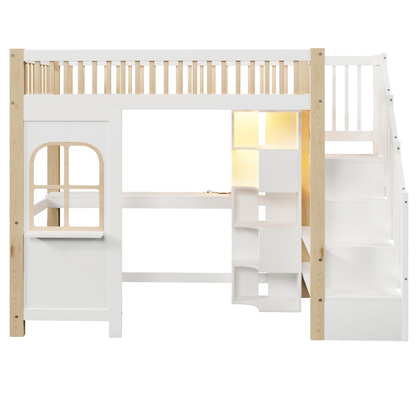 KOMHTOM Lit Mezzanine Multifonctionnel, Cadre de lit en Bois avec éclairage LED, Ports de Charge, Bureau, étagère à Plusieurs Niveaux et Escalier de Rangement(sans Matelas) (90 x 200cm)