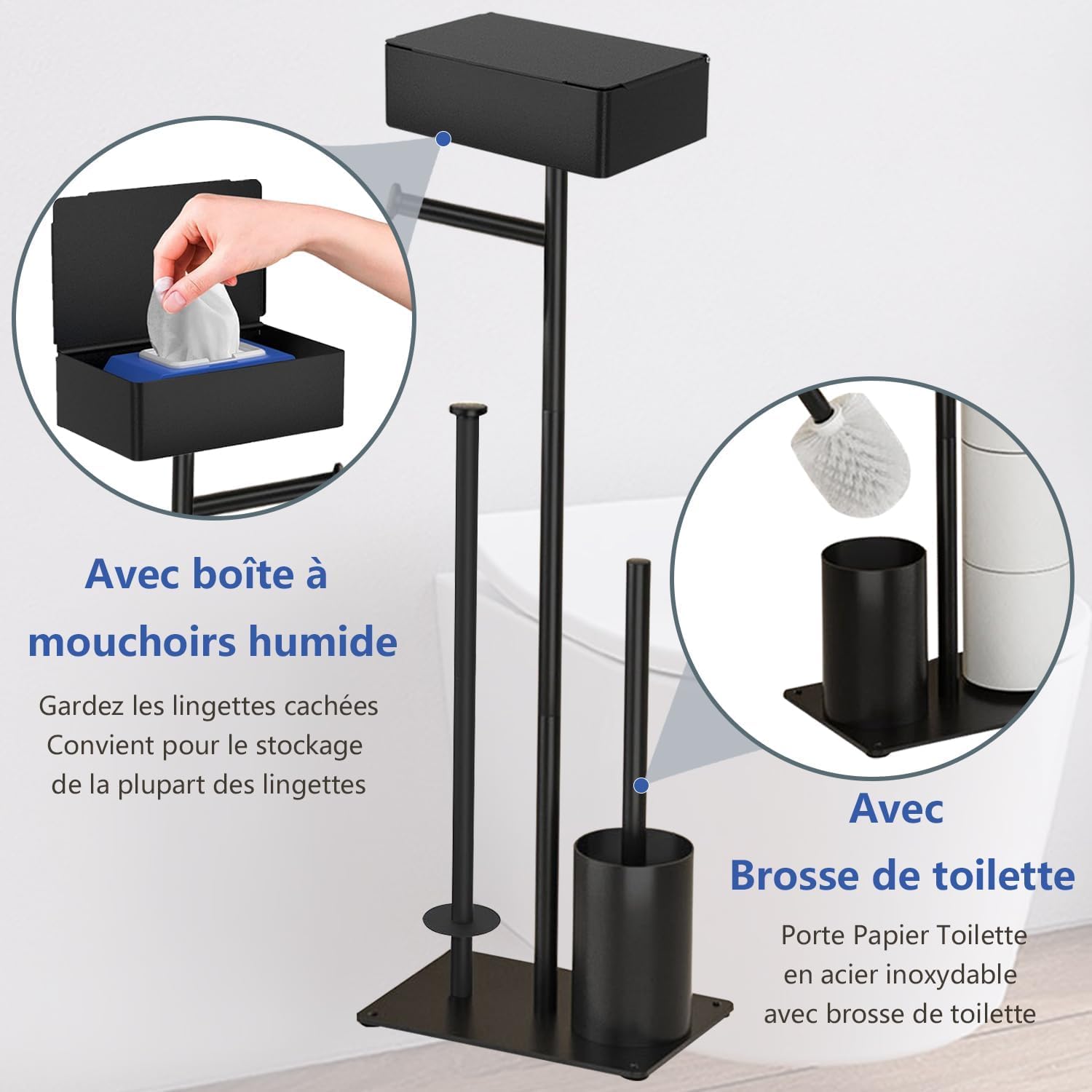 GUIGUZI Porte Papier Toilette avec Brosse WC - Porte Rouleau Debout en Acier Inoxydable, Ensemble Brosse et Dérouleur Papier Aucun Perçage Requis