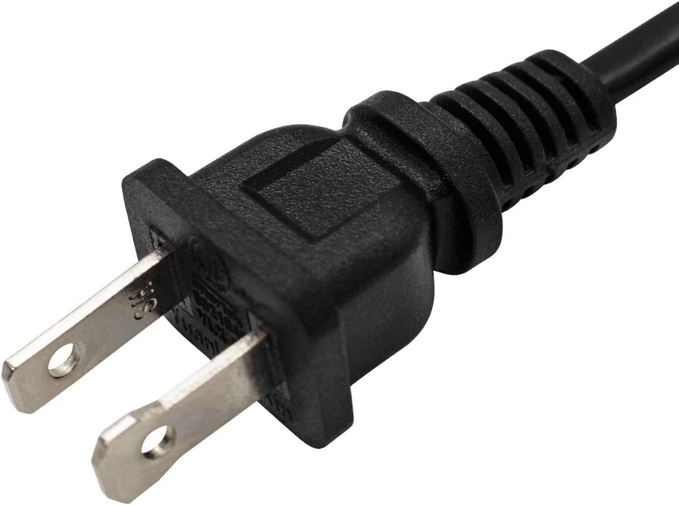 Close-up of the male plug of the power cord, showing the two flat prongs.