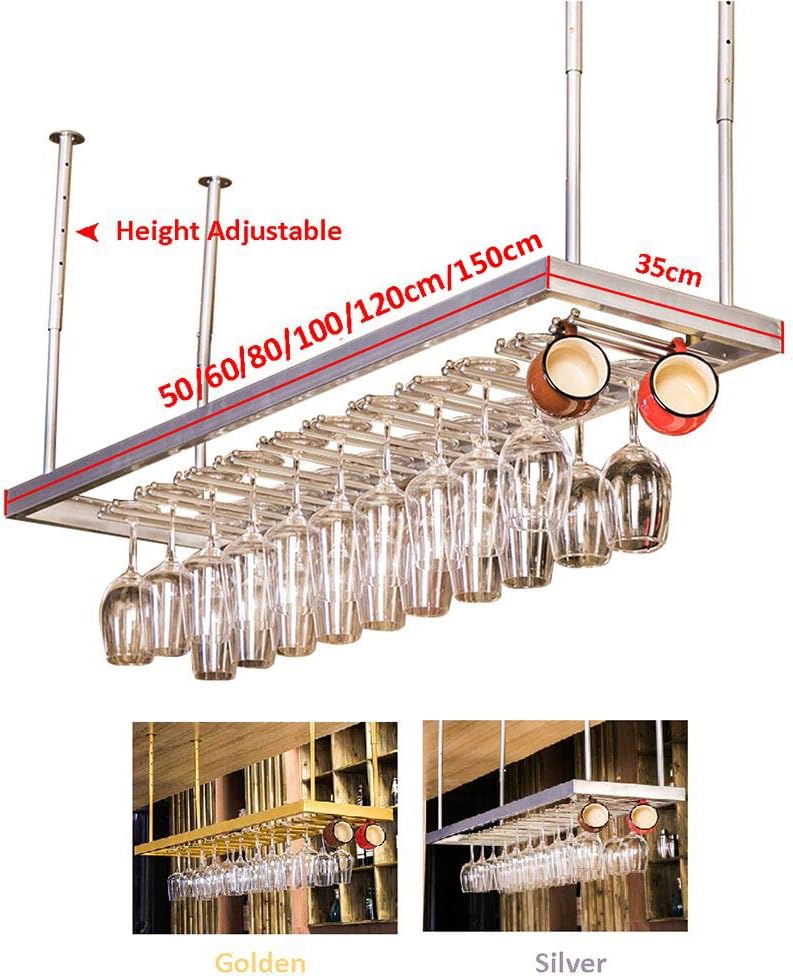Ceiling Mounted Metal Stemware Wine Glass Organizer Rack Silver Wine Goblet Holder for Bar or Dining Room Space Saving Hanging Storage Solution