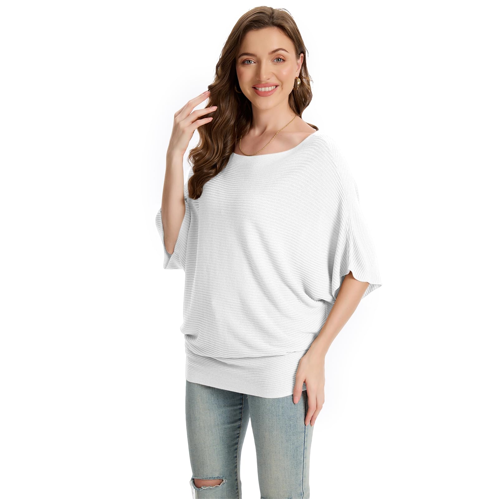 FULIER - Maglione Dolman da donna, con maniche a pipistrello e scollo a barchetta, lavorato a maglia, vestibilità ampia, taglia unica