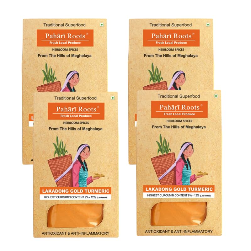 Pahari Roots 8 – 12% High Curcumin Gold Lakadong Turmeric Powder Jaintia Hills, Meghalaya | Healing Aromatic Flavorful |Fresh Harvest| 800gm (Pack of 4 x 200g Each)