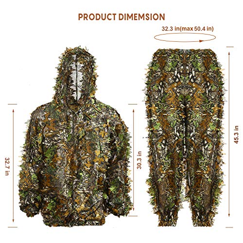 Ghillie Suit 3D Leafy Hooded Camouflage Clothing Outdoor Woodland Hunting Suit Sniper Costume Camo Outfit for Jungle Hunting, Military Game, Wildlife Photography, Halloween (Height 6.2-6.5ft) - Thumbnail 3