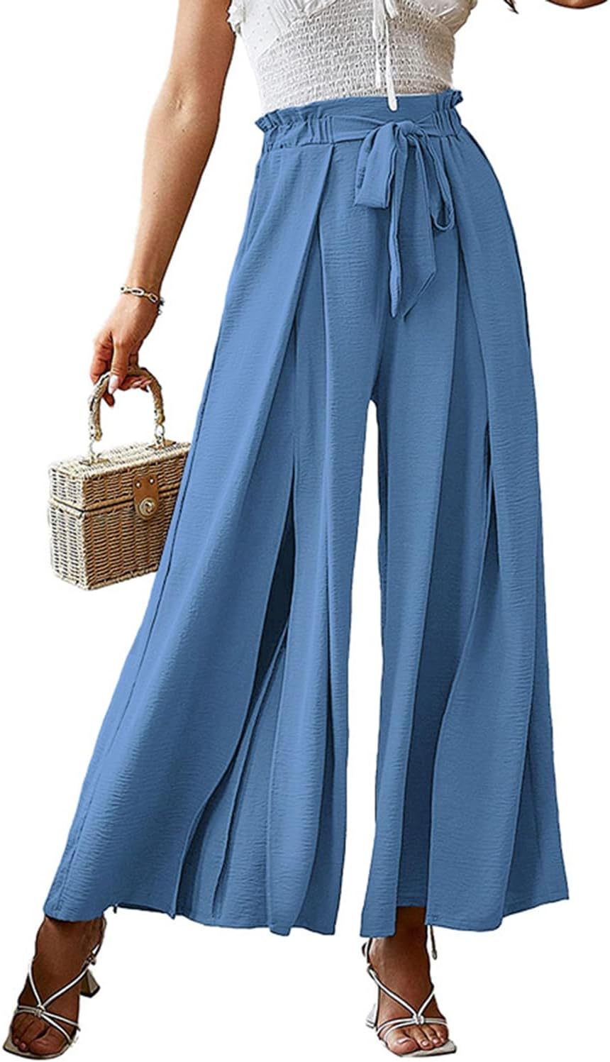 Womens Fashion Wide Leg Palazzo Pants Solid Belted Bowknot Ruched Relaxed Office Work Pants