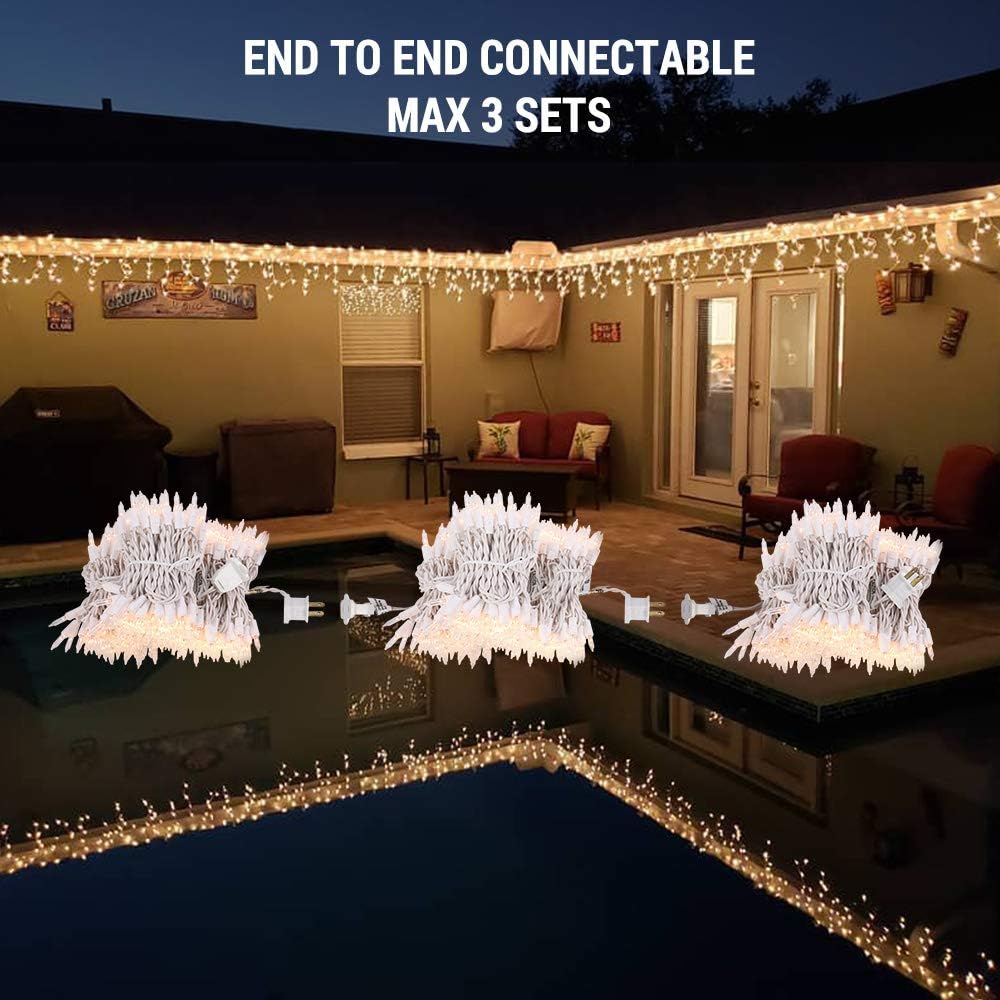 Brizled Christmas Icicle Lights, 17.34ft 300 Count Traditional String Lights, Warm White With White Wire, 120V UL Listed Connectable Indoor Outdoor for Xmas Wedding Home