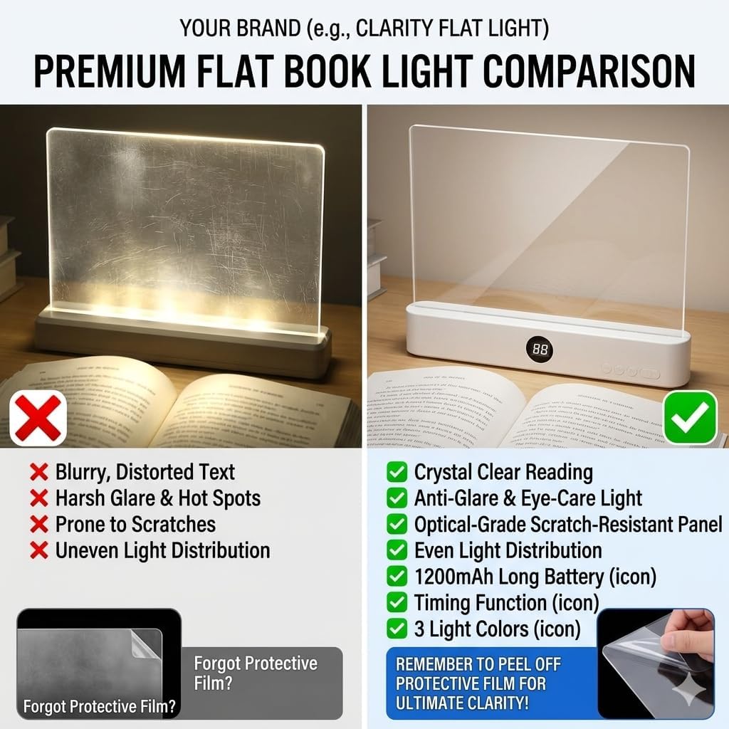 Smart Flat Book Light, Rechargeable Clear LED Reading Lamp with 3 Colors & Timer, 99% Light Transmittance Dimmable Full Page Panel Plate Lamp, Ultra-Clear Transparent Panel Night Reading Lights