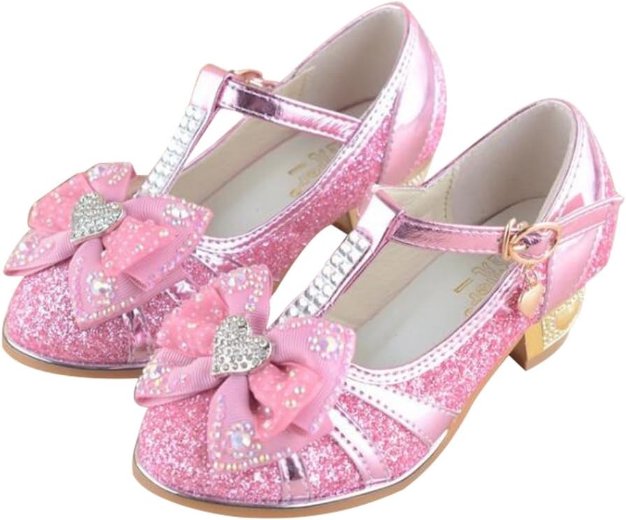 Adingshine Girls Mid Heel Glitter Sandals Mary Jane Dress Pumps with T Strap