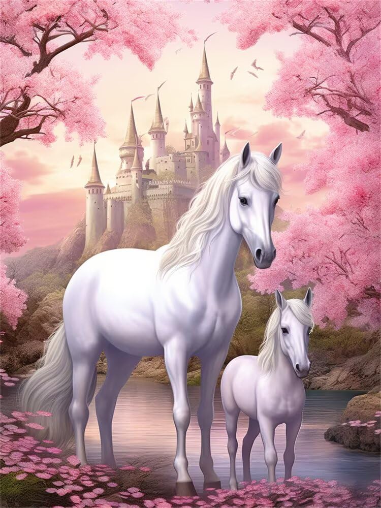 Yifeiyanyfy White Horse Diamond Painting Kits For Adults, 5D Diamond Art 12X16inch, Full Round Drill Castle Crystal Art Paintings For Beginners, Diy Diamonds Pictures Crafts For Home Wall Decoration -Rd930