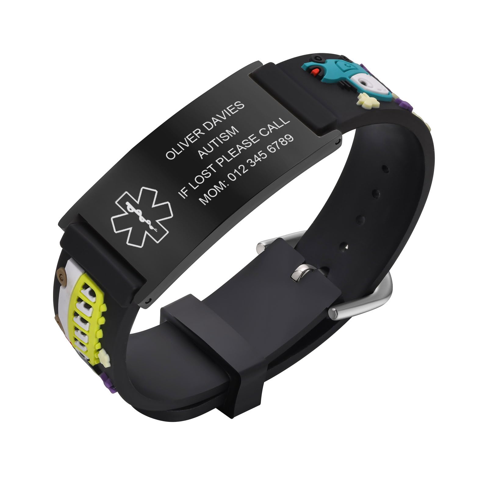 Kids Bracelet Safety ID Wristbands - Personalised Black ID Medical Alert Bracelets with Black Silicone Car Cartoon Pattern, Outdoor Anti-Lost Wristband with Emergency Contact For Child Boys Girls
