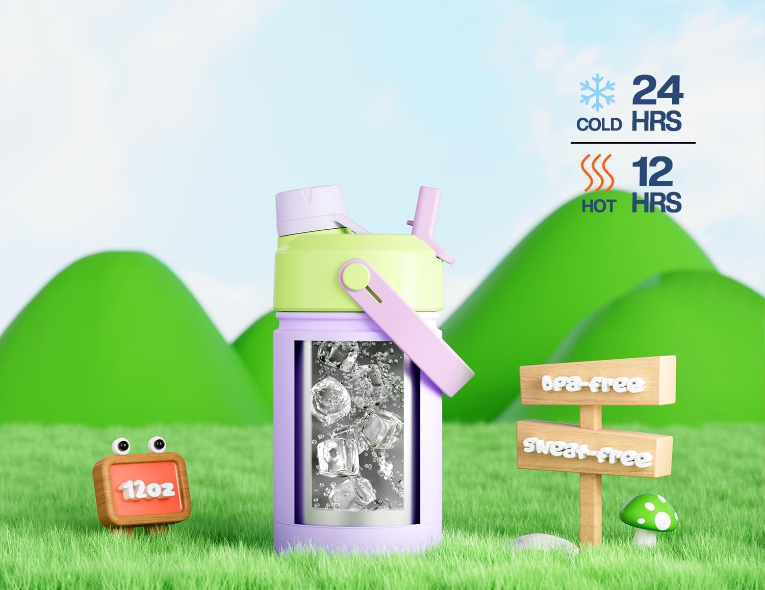 12 oz Stainless Steel Water Bottle for Girls: 2-in-1 Straw Spout Lid, Leakproof, BPA-Free, Cold 24H, Car Cupholder Friendly, Cute Insulated Cup for School, Play, Birthday Gift for Kids (Lilac Fairy) - Image 2