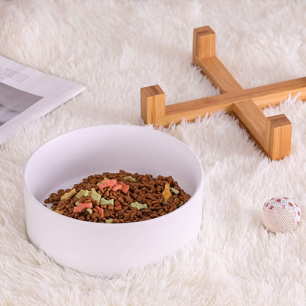 Ceramic Dog Bowl with Bamboo Stand - Large Dog Dish for Food and Water - Heavy Weighted, No Tip Over - 8.4" Diameter - White