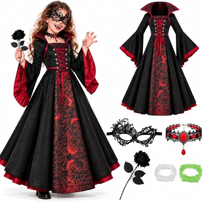 Girls Halloween Costumes Vampire Dress, Kids Vampire Costume with Mask Choker Rose & Fangs, Gothic Victorian Long Sleeve Fancy Dress Outfit for Girls, Halloween Costumes for Kids