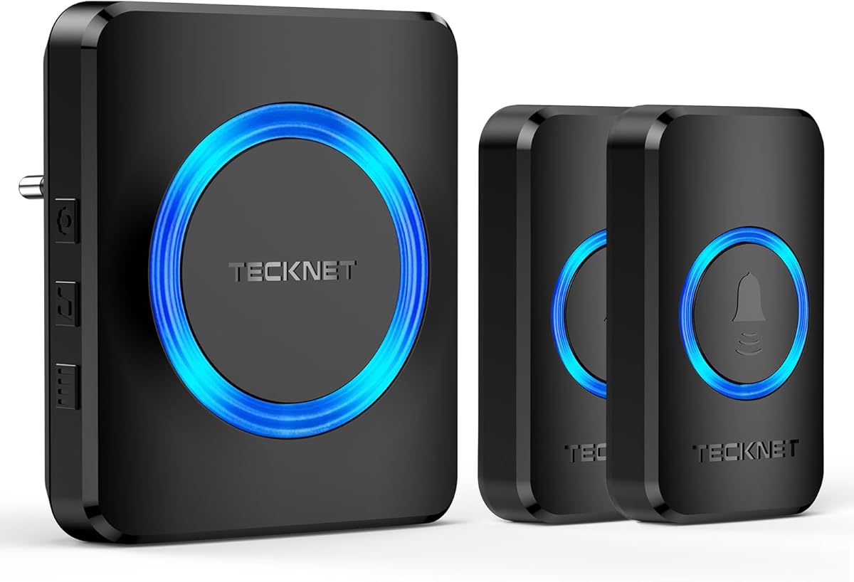 TECKNET Funkklingel, IP65 Funk klingel Kabellose Türklingel 600M Reichweite Aussen Wasserdicht, Haustür Klingel kit mit 1 Plug-In-Empfänger und 2 Sender, 60 Melodien doorbell Mit LED-Blitz