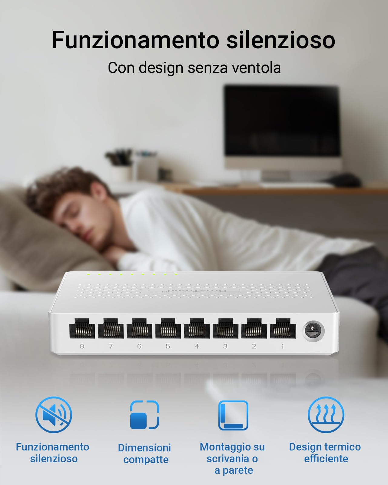 BrosTrend 2,5Gb Switch Ethernet 8 Porte, Sdoppiatore Ethernet Hub Unmanaged Switch 2.5 Gigabit, Plug e Play Senza Ventola, Ideale per la Casa e Il Ufficio, Desktop O A Parete, Garanzia a Vita