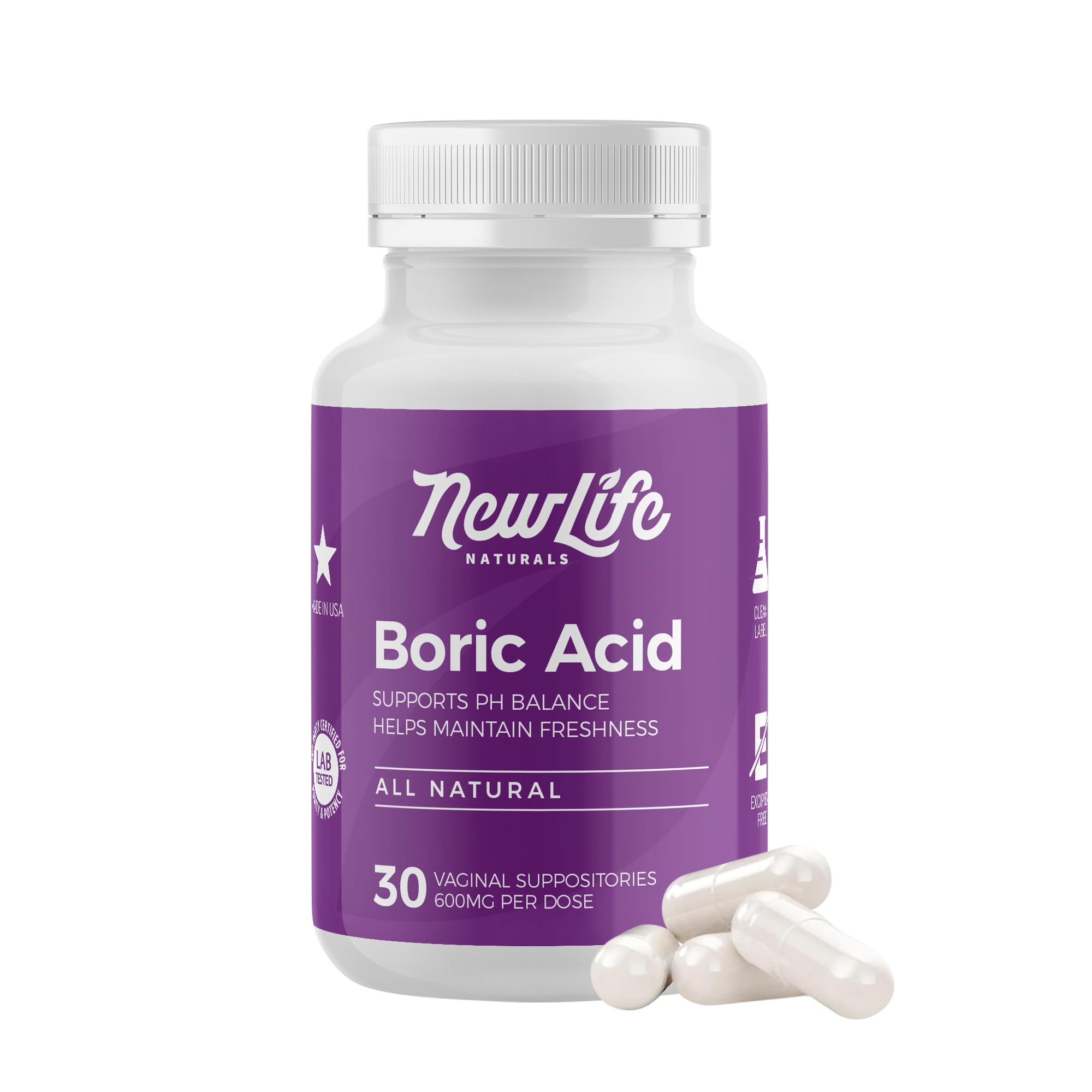 NewLife Naturals - Boric Acid Suppositories for Women pH Balance Pills - 600mg - Feminine Care - Vaginal Odor Itching Discharge BV | Made in USA | 30 Capsules