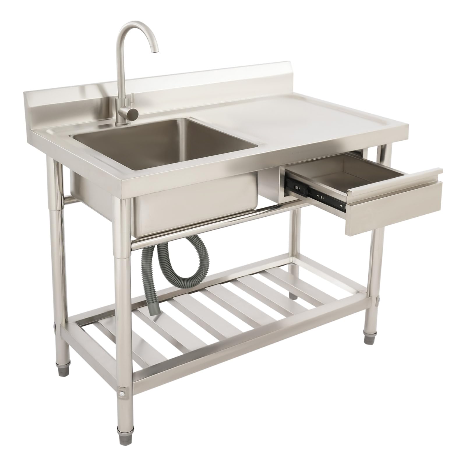 Edelstahl Spültisch 100x60cm mit 360° Armatur Wasserhahn Freistehend | 100*60*80 cm, 1–3 cm Höhenverstellbare Füße mit Arbeitsfläche, Spüle und Unterbau für Küche, Garten und Gewerbe (150kg Max)