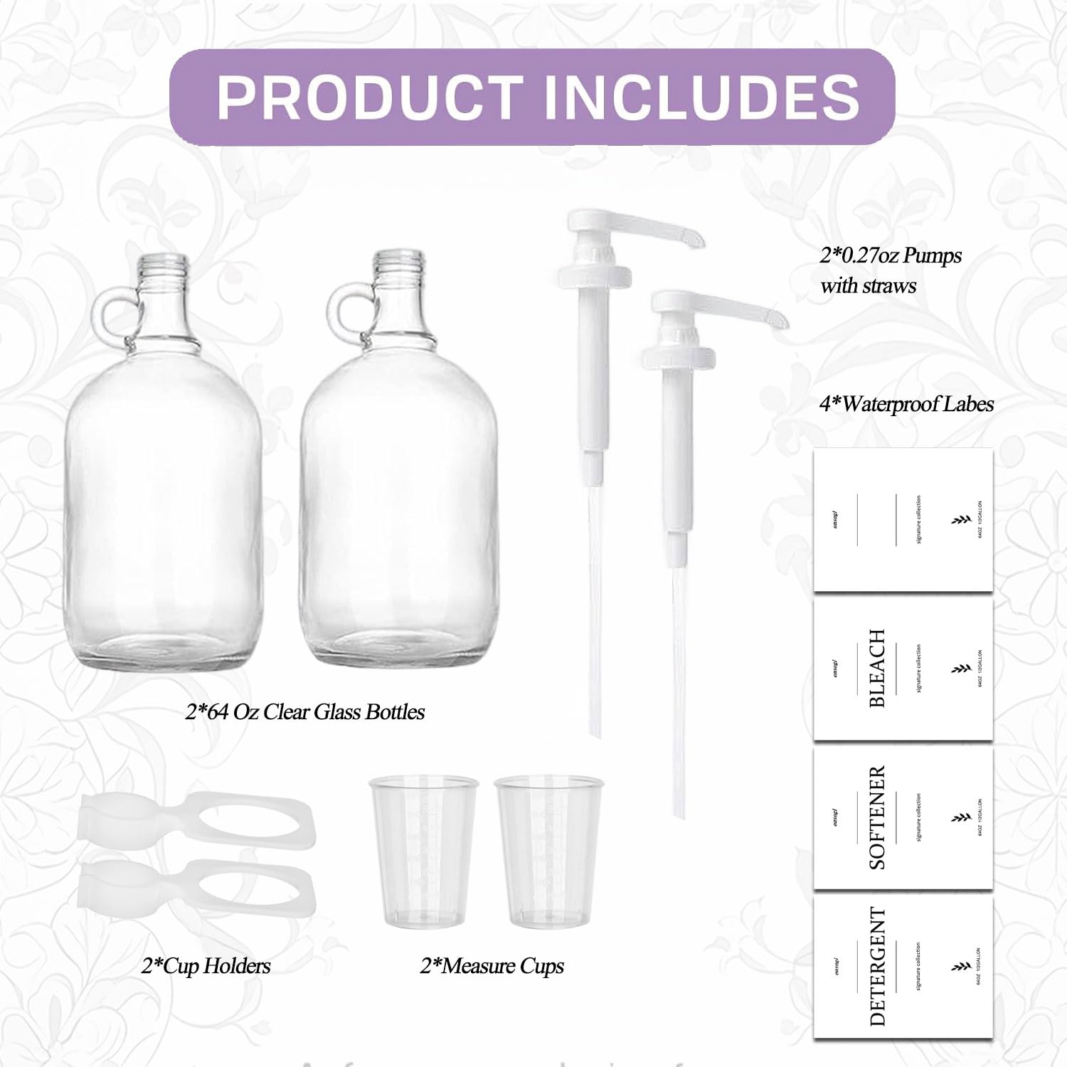 2 dispensadores de detergente líquido de vidrio con portavasos, dispensador de medio galón para cuarto de lavado (64 onzas cada uno), botellas de detergente para ropa con dispensador de bomba, incluye