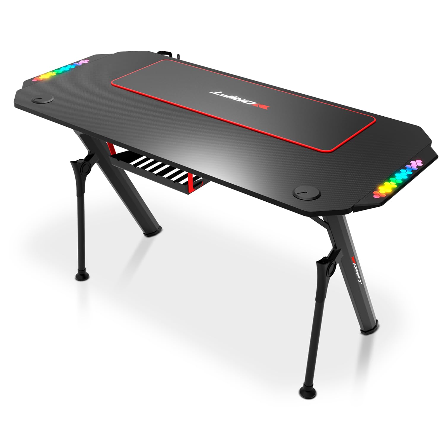 Drift Gaming DRDZ175RGB – Mesa Gaming con Tablero de Fibra de Carbono, Laterales RGB reactivos al Sonido, Alfombrilla XL, Soporte para Bebidas y Auriculares, Color Negro
