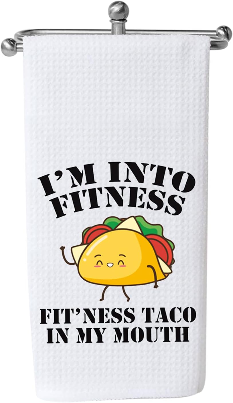 WCGXKOFunny Taco Lover Gift I’m Into Fitness Fit’Ness Taco in My Mouth Taco Joke Waffle Weave Dish Towel (Taco in My Mouth)