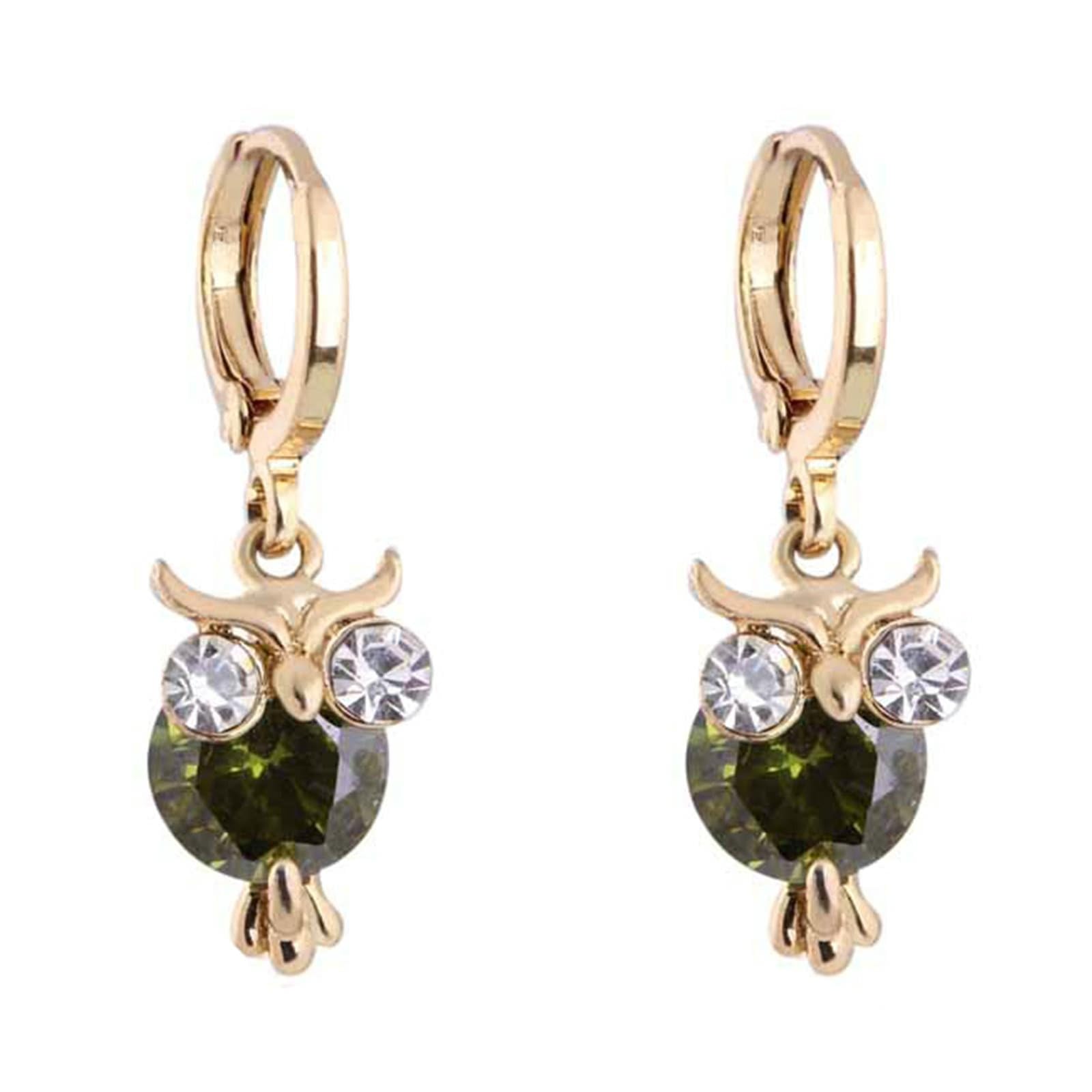 Pendientes de Fiesta para Bodas Mujer Oro Amarillo 18K Granate Verde Redonda Búho Pendientes Colgante