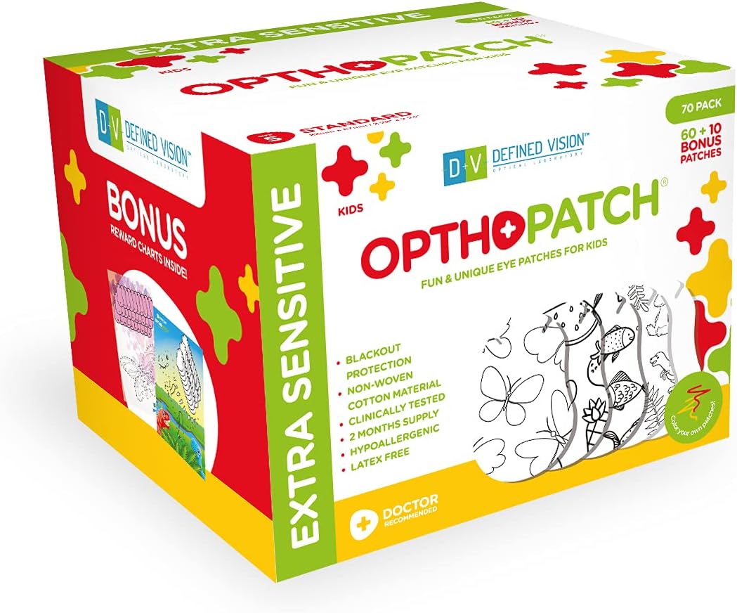 Opthopatch Eye Patches for Kids - Extra Sensitive Adhesive - Color Your Own Patch - 70 Count + 2 Reward Charts