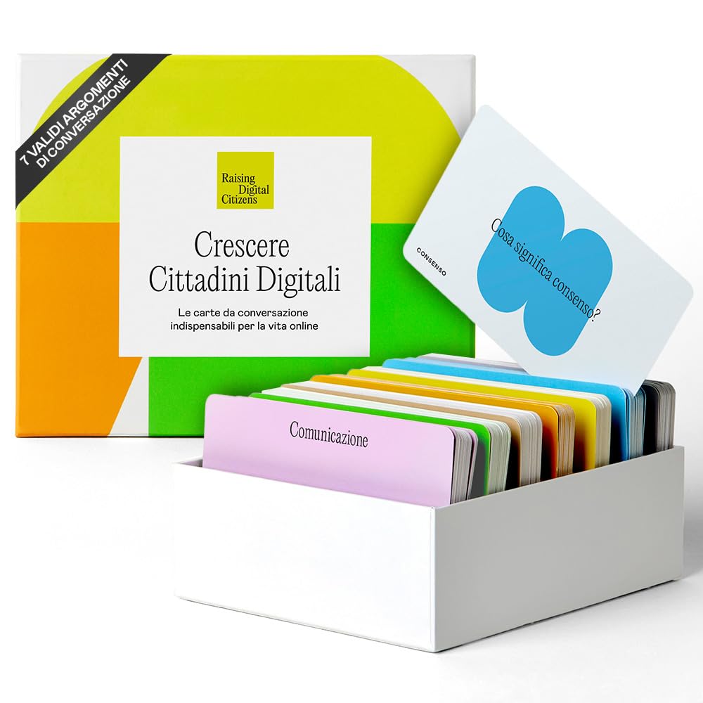 Crescere Cittadini Digitali. Con 200 carte da conversazione, il kit aiuta a promuovere un uso equilibrato degli schermi e a migliorare la comunicazione in famiglia.