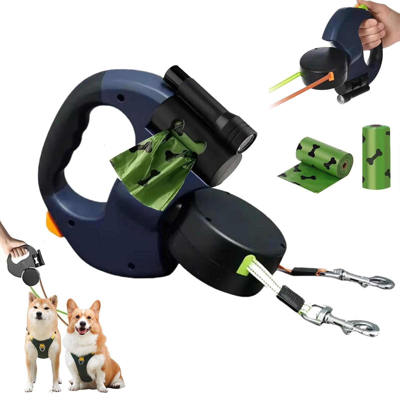 3m/10ft Retractable Dog Lead, Extendable Dog Lead, 360° Tangle-Free Dog Leash, with LED Flashlight, Garbage Bag Storage Rack, 2 Rolls of Garbage Bags, Dog Leads for 25kg/55lbs Medium Dogs (blue)